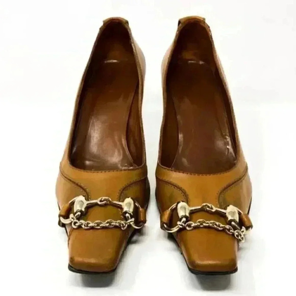 Gucci Brown Leather Gold Horsebit Chain Pointed Toe Kitten Heel Pumps Size 10 - Picture 4 of 15
